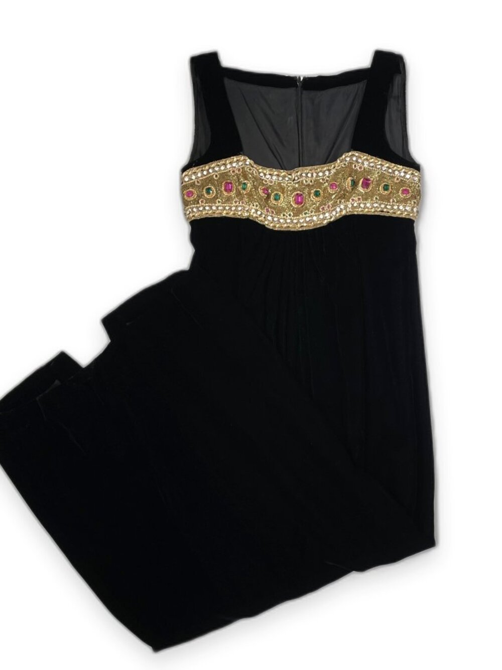Vintage Oscar de la Renta Black Velvet Gold Beaded Empire Waist Evening Gown